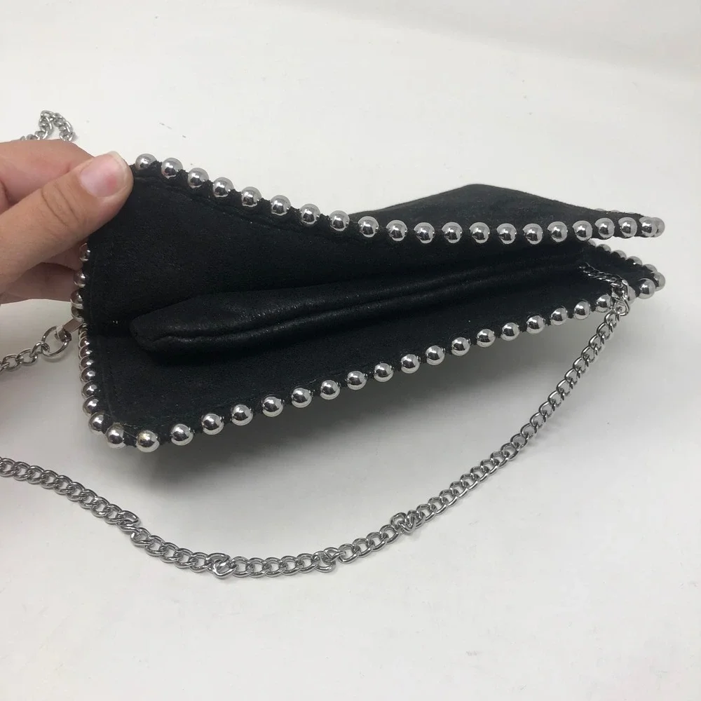 Zara Crossbody Bag Black Studded Chain Strap Faux Suede Edgy Grunge Night Out